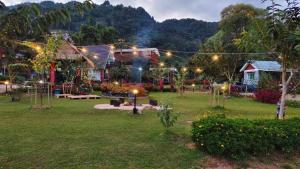 a garden lit up with lights in a yard at อินทนนท์ บ้านพักเล่าจู Inthanon Laoju House in Ban Na Yang
