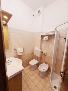 a bathroom with a toilet and a sink and a shower at Hotel Gladys in Cesenatico