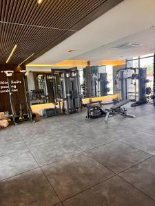 einen Fitnessraum mit mehreren Laufbändern und Maschinen in der Unterkunft The Grand Harmonia in Trofwi