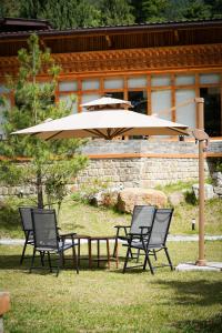 una mesa y sillas bajo una sombrilla en la hierba en Highland Glamping Luxury Dome tent, en Paro
