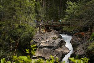 LaVida Peak Mountain Retreat in Frutigen في Wengi bei Frutigen: أشخاص يمشون على جسر فوق شلال