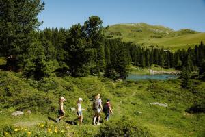 LaVida Peak Mountain Retreat in Frutigen في Wengi bei Frutigen: مجموعة من الناس يمشون على تلة بالقرب من بحيرة
