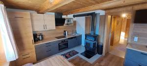 a kitchen with a stove in a tiny house at Ferienhütte Georg in Hippach