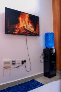 内罗毕Lunic Studio BNB的挂在墙上的电视,壁炉