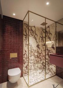 パリにあるJills Hôtelのシャワーとトイレ付きのバスルーム