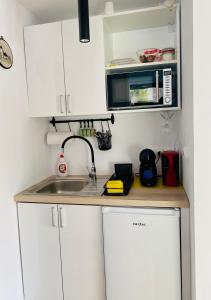 eine kleine Küche mit Spüle und Mikrowelle in der Unterkunft Nest in Gărâna - Cardinal House in Wolfsberg