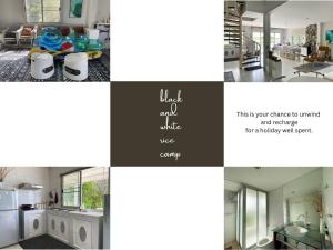 a collage of photos of a kitchen and a living room at black & white rice camp แบล็กแอนด์ไวต์ไรซ์แคมป์ 