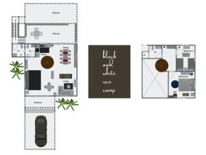 a floor plan of a house with furniture at black & white rice camp แบล็กแอนด์ไวต์ไรซ์แคมป์ 
