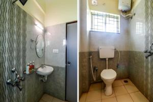 zwei Bilder eines Badezimmers mit Toilette und Waschbecken in der Unterkunft Palette Hotels and Resorts Siva Vishnu Temple Formerly RC Resort in Perunkalattu