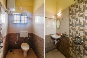 zwei Bilder eines Badezimmers mit Toilette und Waschbecken in der Unterkunft Palette Hotels and Resorts Siva Vishnu Temple Formerly RC Resort in Perunkalattu
