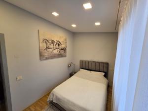 una camera da letto con un letto e un quadro sul muro di Jaukus butas Panemunėje su vaizdu į Nemuną a Kaunas