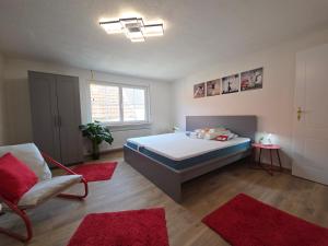 a bedroom with a bed and a chair and red rugs at Zum grünen Häusle in Kolitzheim