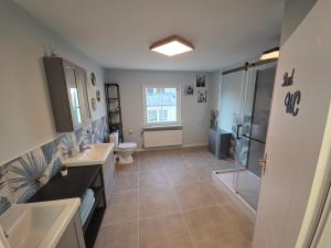 a bathroom with two sinks and a shower at Zum grünen Häusle in Kolitzheim +22 photos