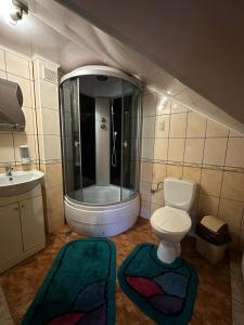 ein Badezimmer mit Toilette, Waschbecken und Spiegel in der Unterkunft Forest House in Jassinja + 80 Fotos