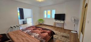 a bedroom with a bed and a flat screen tv at Vila Trifoi Apartamente in Breaza de Jos