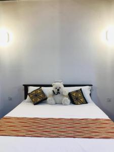 a teddy bear sitting on top of a bed at Shereen Sigiri Homertay in Dambulla +3 photos