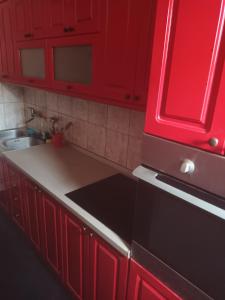 eine Küche mit roten Schränken und einem schwarzen Gerät in der Unterkunft Blu point 1 in Kragujevac