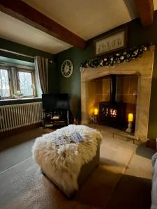 a living room with a couch and a fireplace at Weather Hill Cottage, Hebden Bridge in Hebden Bridge