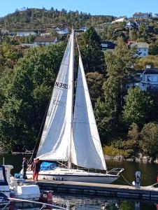 ein Segelboot auf dem Wasser mit Menschen darauf in der Unterkunft Bakarvågen 2 