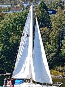 ein Segelboot auf dem Wasser mit Menschen an Bord in der Unterkunft Bakarvågen 2 