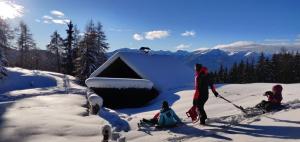a woman pulling a child in a sled in the snow at Reh's Wiesen Hütte in Luson +8 photos