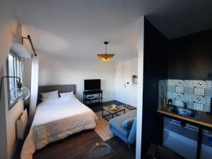 um quarto com uma cama e um lavatório num quarto em Le pied à terre em Chartres