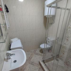 a bathroom with a toilet and a sink and a shower at Бежевые апартаменты in Batumi +15 photos