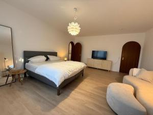 una camera da letto con un letto, una tv e un divano di Ferienwohnung Rhönchalet a Gersfeld