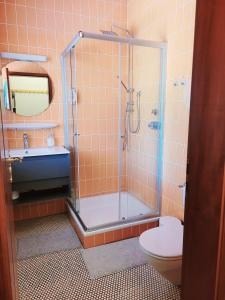 un bagno con doccia, WC e lavandino di Ferienwohnung Rhönchalet a Gersfeld