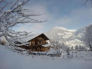 a log cabin in the snow with mountains in the background at Premium Chalet Zirbe in Emberg