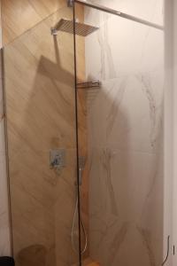 a shower with a glass door in a bathroom at Apartament Nowa in Jarocin