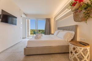 托雷桑塔萨宾娜Villa Regina Sul Mare的一间卧室，配有一张大床和一扇大窗户。 更多46张照片