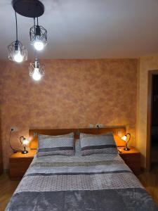 a bedroom with a bed with two lights on it at Casa el Alfar mudéjar in Teruel