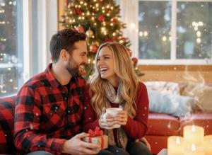 Private beach with SPA on the lake I Plage Sucrée في Saint-Rémi-dʼAmherst: رجل وامرأة يجلسان على الأريكة أمام شجرة عيد الميلاد