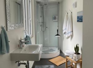 a white bathroom with a shower and a sink at Hotel Sternen in Gurtnellen +15 photos