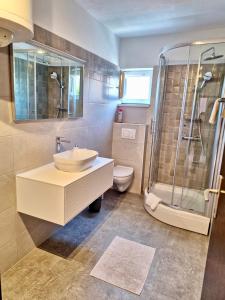 Un baño con lavabo, ducha e inodoro. en Apartment with private pool and arbor, en Malinska