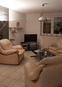 a living room with two couches and a tv at Chez Jeanine Maison Familiale in Schaeffersheim