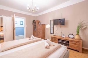 Bad Ems City Apartment nahe Therme und Zentrum في باد إمس: غرفة نوم بسريرين وتلفزيون على دولاب