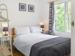 ein Schlafzimmer mit einem Bett und einem Fenster in der Unterkunft 5 The Glade in Bude