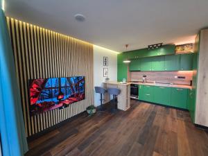 ApArt by the river في بلوفديف: مطبخ مع دواليب خضراء ولوحة على الحائط +9 صور