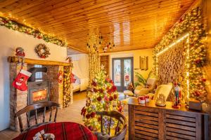 a living room with a christmas tree and a fireplace at Cityside Cottage in Eger +43 photos