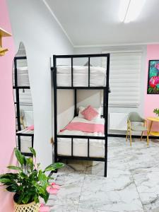 a bedroom with bunk beds in a room with pink at Cozy Hostel in Bulgan
