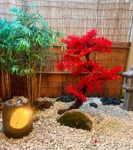a small red tree sitting on top of a pile of rocks at Pine Leaf lnn 楓の宿 2号館 in Osaka