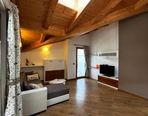 a living room with a couch and a tv at Cèsa Nicole e Patrick in Campitello di Fassa