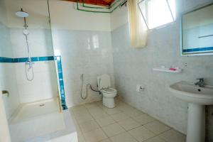 GahondoQuality Inn Motel, Nyanza的带淋浴、马桶和水槽的浴室