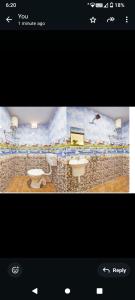 two pictures of a bathroom with a painting on the wall at Hotel RR palace iyyapanthangal near Ramachandra hospital in Chennai