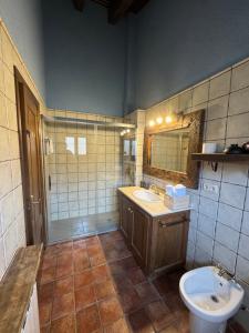 Un baño con lavabo, inodoro y espejo. en Can Marc de Pi, Bellver de Cerdanya, en Pi 33 fotos más