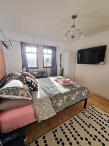 爱丁堡Double Rooms with Shared Bathroom Near The Shore and Tram的一间卧室，里面有一张床和一台平板电视