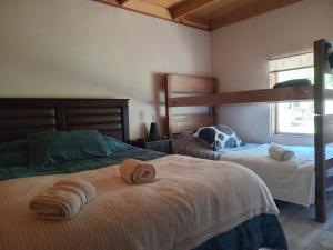 zwei Betten in einem Schlafzimmer mit zwei Etagenbetten in der Unterkunft Cabaña los sauces in Chile Chico