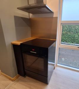 Un microondas negro en un rincón junto a una ventana. en Odense Garden Apartment, en Odense